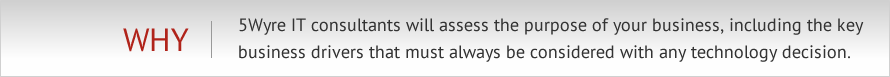 5Wyre IT consultants will assess the purpose of your business, including the key business drivers that must always be considered with any technology decision.